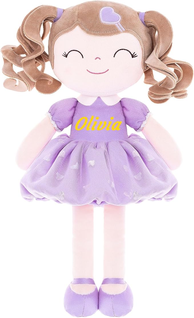 Gloveleya Personalized Baby Doll – Custom Name Plush Doll with Curly Hair & Purple Heart Dress | Unique Birthday for Girls, Toddlers & Kids | Soft Huggable Keepsake Toy
