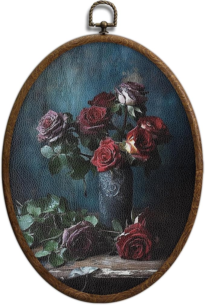 Vintage Red Rose Oval Wall Art, Rose in Bottle Oval Framed Wall Art, Waterproof Dark Aesthetic Floral Cottage Core Home Decor for Western Farmhouse Bedroom Living Room, Home Retro Decor Products, 23