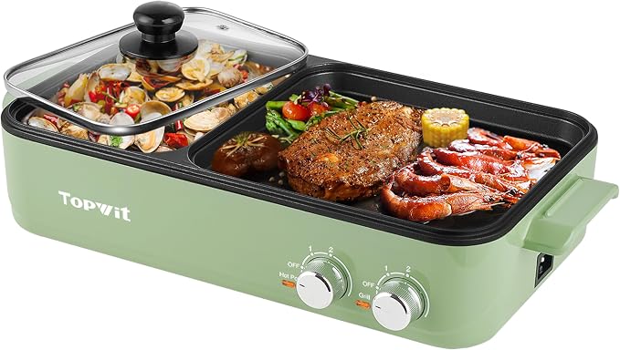 Topwit Hot Pot with Grill, Korean BBQ Grill, 2-in-1 Electric Pot | Nonstick Coating, Dual Temperature Control, Fast Heating, Ideal for Korean BBQ, Shabu Shabu, Noodles, Steaks and Family Meals