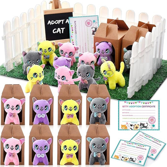 84 Pcs Adopt a Pet Party Favors 24 Mini Plush Stuffed Animals 10 White Plastic Fence 24 Paper Gift Boxes 24 Adoption Cards with Mini Chalkboard and Artificial Lawn(Kitten)