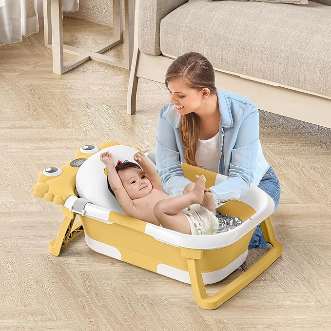 Collapsible Baby Bathtub for Newborns to Toddler with Real-time Temp Monitor & Floating Cushion,Portable Travel Tub Foldable Baby Bath Tub for Infants (Yellow)