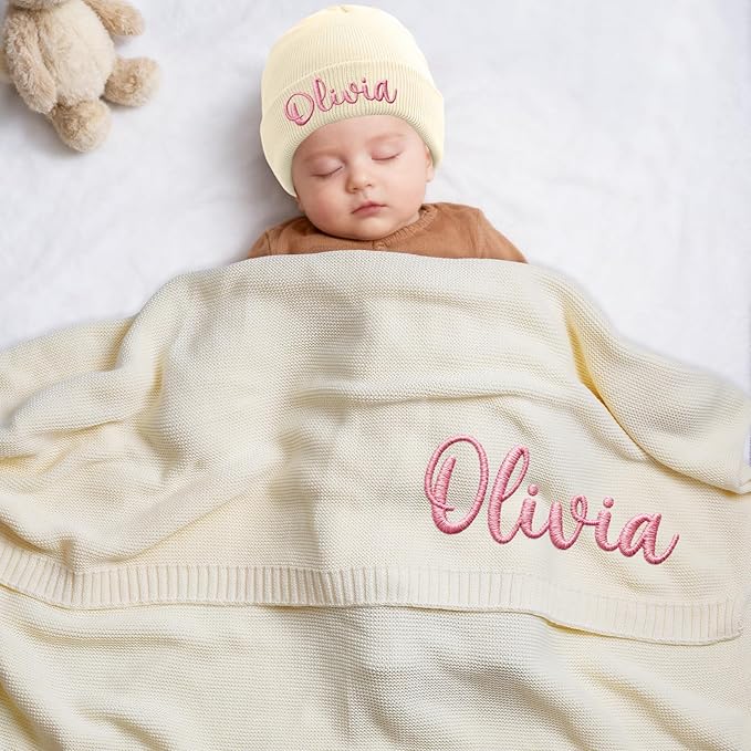 Personalized Baby Blanket with Name - Organic Cotton Custom Embroidered Blanket for Newborn Baby Girl Boy Gifts, 30x40 Inch Soft Knit Swaddle Receiving Blanket for Baby Shower