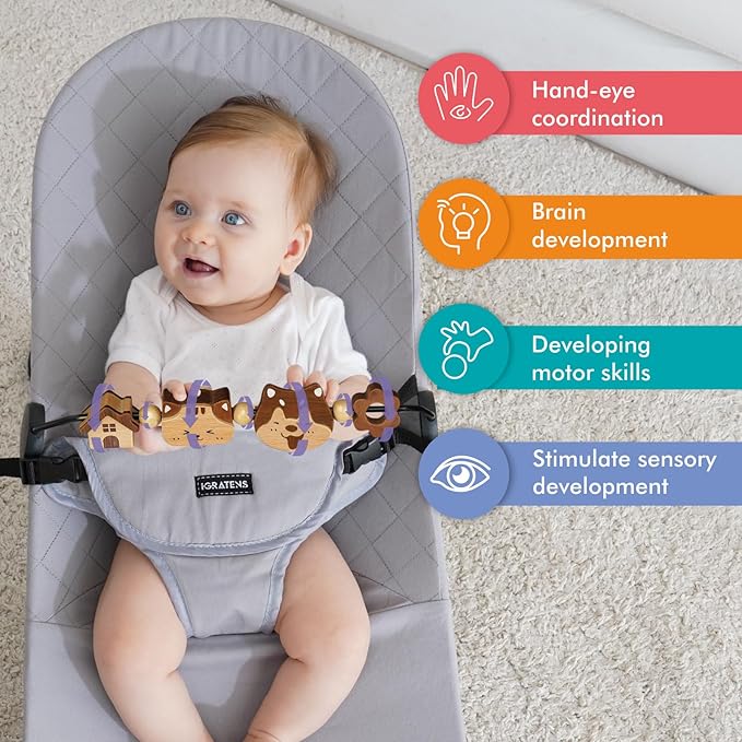 Three-Dimensional Baby Bjorn Bouncer Toy Bar, Toy for Baby Bouncer Soft & Bliss, Easy to Attach and Remove, 360°Rotating Natural Wooden Toys, Double-Sided Raised Design, Cat & Dog