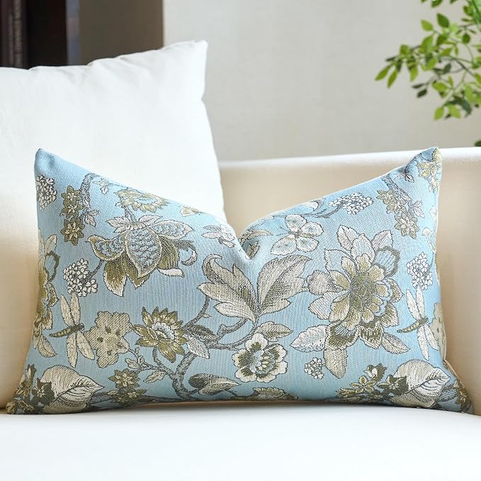 Neutral Floral Pillow Cover 12x20, Vintage Linen Lumbar Pillow Cover Soft Decorative Farmhouse Accent Pillow Case for Couch Bedroom Living Room Home Decor, Blue