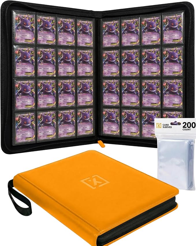 X PRO 1000+ Card Binder - Comes with 200 Card Sleeves | Compatible with TCG, Sports, MTG & More - Ringless Trading Card Binder | 1000 Pockets (Orange)