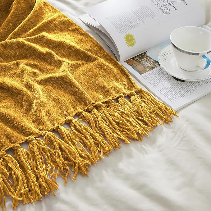 CozeCube Chenille Throw Blanket, Harvest Gold Fringe Blanket, 60"X80" | For Couch, Cozy Plush Fuzzy Decorative Blanket with Fringe Tassels, Lightweight Throws for Bed Sofa Gift Home Decor
