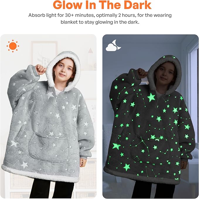 Giggling Getup Glow in The Dark Wearable Blanket Hoodie for Girls and Boys Warm Cozy Sherpa Fleece Hooded Blanket Sweatshirt Oversized Hoodie with Giant Pocket & Sleeves for Kids Cat