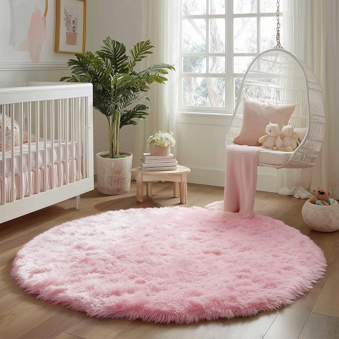 Pink Round Area Rugs 6Ft for Nursery Kids Bedroom, Large Fluffy Shag Circle Rug for Playroom Living Room, Cute Preppy Room Decor for Baby Teen Girls, Cozy Fuzzy Furry Plush Carpets for Dorm Classroom