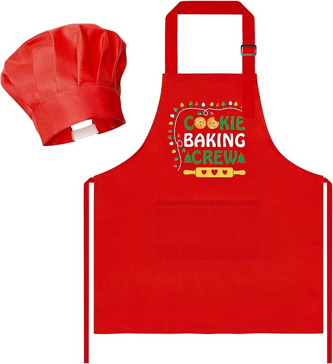 R HORSE 2Pcs Christmas Kid Apron and Chef Hat Set, Xmas Red Adjustable Children Red Kitchen Apron, Dress up Role Play Chef Toy Cooking Baking Painting Training Kits for Kids Birthday Christmas Gift
