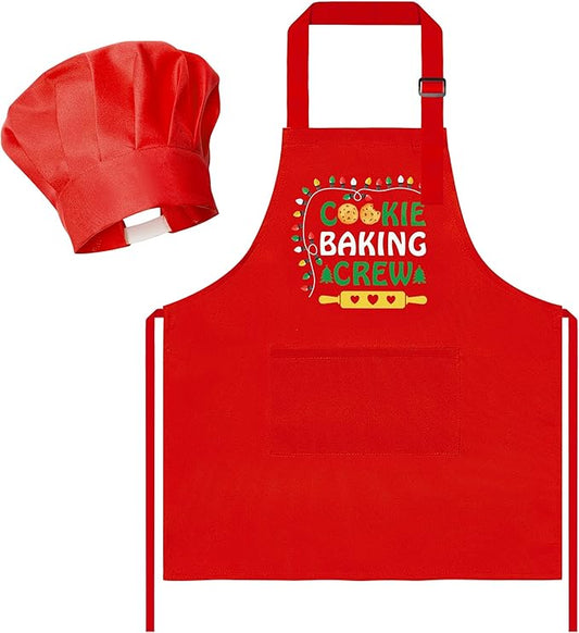 R HORSE 2Pcs Christmas Kid Apron and Chef Hat Set, Xmas Red Adjustable Children Red Kitchen Apron, Dress up Role Play Chef Toy Cooking Baking Painting Training Kits for Kids Birthday Christmas Gift