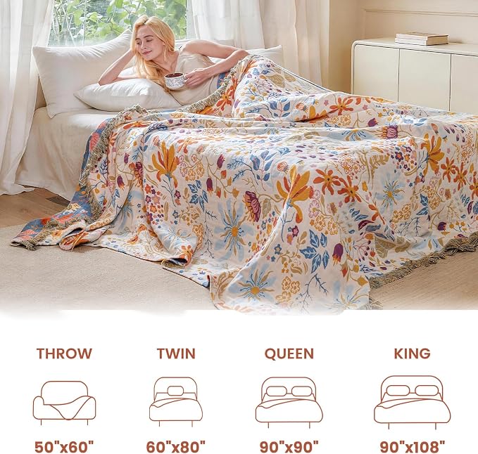 MSGKV Boho Throw Blanket 60"x80" Twin 100% Cotton Floral Blanket for Bed | Twin Size Cotton Throw, Muslin Blanket, Summer Breathable, Farmhouse Decor, Lightweight Comfort, All Season, Machine Washable