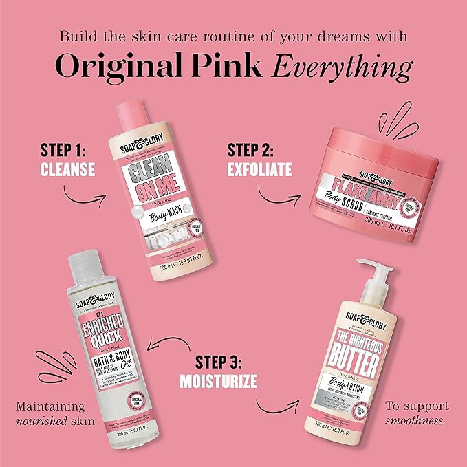Soap & Glory Original Pink Clean On Me Body Wash - Rich, Creamy Shower Soap with Built-In Body Lotion for Maximum Hydration - Bergamot & Rose Scented Moisturizing Body Wash (75ml)