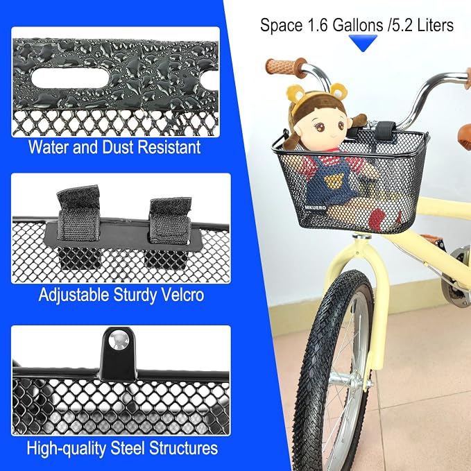 Kids Bike Basket - Front Bicycle Basket for Children, Metal, Cute Decorative Accessory for Kids Bikes & Scooters