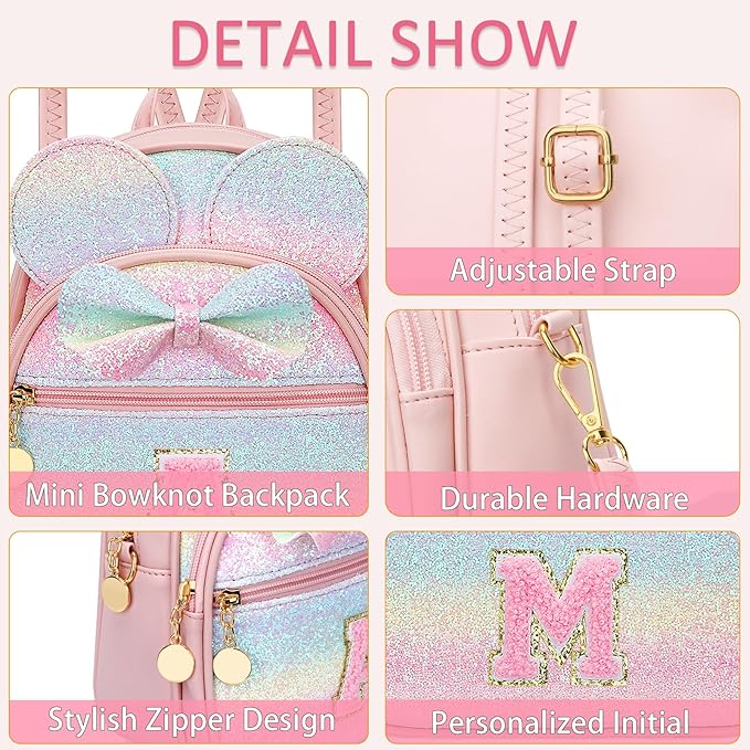 KKXIU Initial Bowknot Mini Backpacks for Girls Women, Small Cute Backpack Purse, Personalized Valentines Day Gifts for Toddler, Kids and Teen Girls(M, Rainbow)