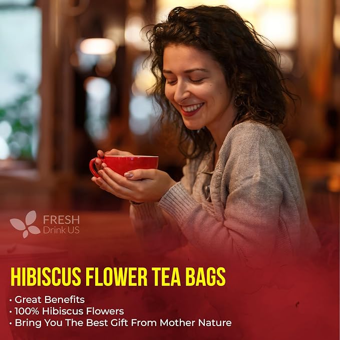 FreshDrinkUS, Premium 235 Hibiscus Flowers Tea Bags, 100% Natural, Pure from Hibiscus Flowers. Loose Flower Herbal Tea. No Sugar, No Caffeine, No Gluten, Vegan.