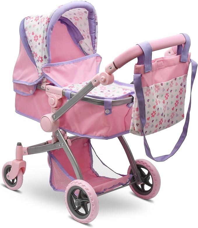 Dolls To Play Baby Doll Convertible Pram Stroller for Kids, Adjustable Handle Foldable Buggy Carriage with Canopy and Storage Basket Heavy Duty Premium Quality Purple - 25 Inch