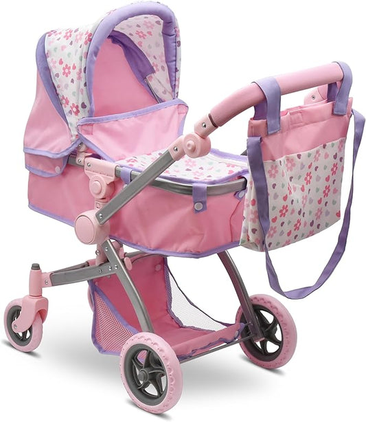 Dolls To Play Baby Doll Convertible Pram Stroller for Kids, Adjustable Handle Foldable Buggy Carriage with Canopy and Storage Basket Heavy Duty Premium Quality Purple - 25 Inch