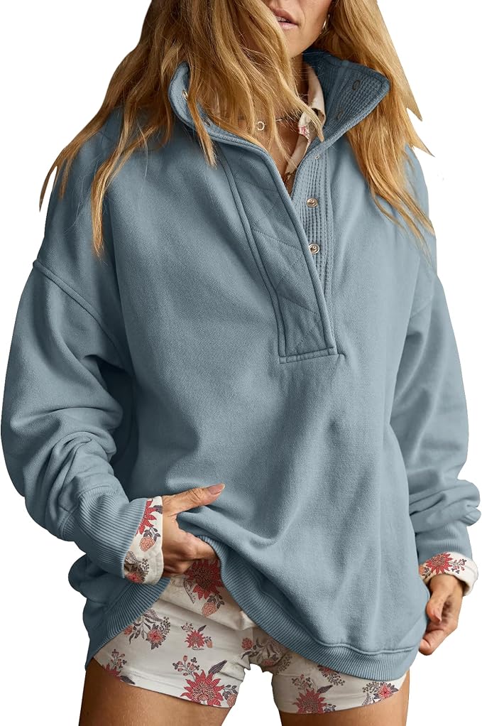 Gacaky Sweatshirt for Women Oversized Casual Long Sleeve Button Henley Neck Pullover Tops Fashion Outfits Clothes