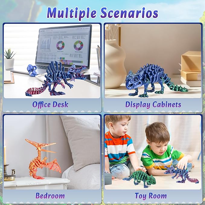 3PCS 3D Printed Dinosaur Skeletons, 3D Printed Dragon Animals Toys, Spinosaurus Pterosaur Ankylosaurus Fidget Toys Desk, Poseable with Articulated Joints, Home Decor, Stress Relief Toy (Dinosaur-B)