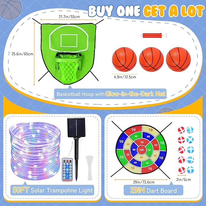 Trampoline Accessories Kit Kids,Basketball Hoop with 3 Mini Basketballs,50FT Solar Lights Fit 8 10 12 14 15 16FT Trampoline Outdoor 8 Mode,Choose from 2 Kits with Sprinkler or Dart Board & Glow Net