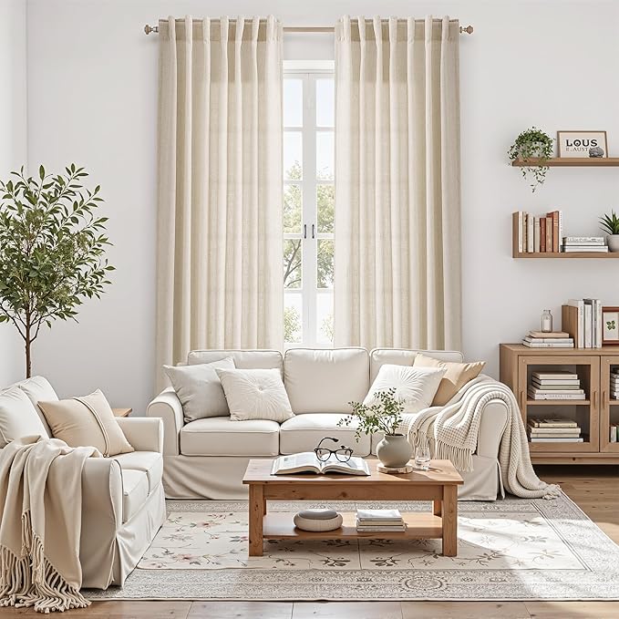 Nanspring Linen Curtains 96 Inches Long for Living Room Modern Farmhouse Decor Light Filtering Semi Sheer Curtain Back Tab Neutral Luxury Burlap Coastal Drapes for Bedroom Dinner Room 52x96, 2 Panels