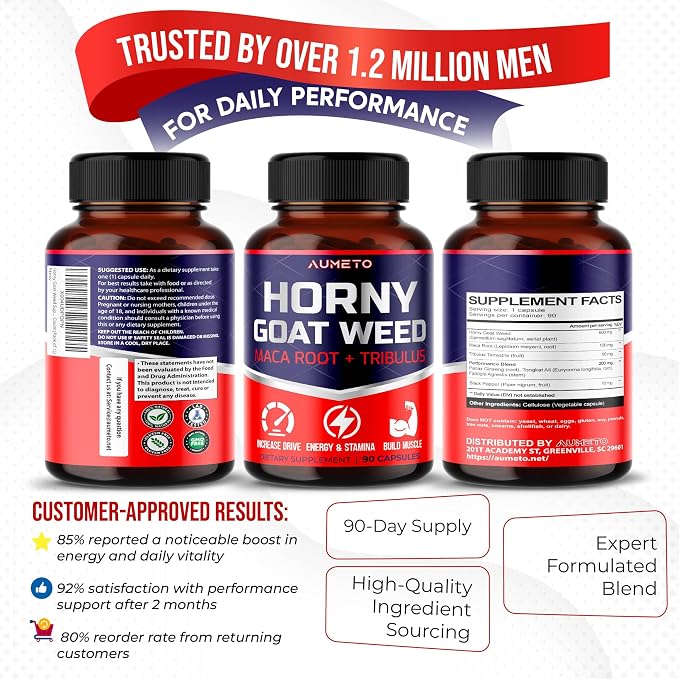 Horny Goat Weed Supplement with L-Arginine Tribulus Terrestris Maca Root Tongkat Ali - Male Energy, Strength and Memory Support (90 Count (Pack of 1))