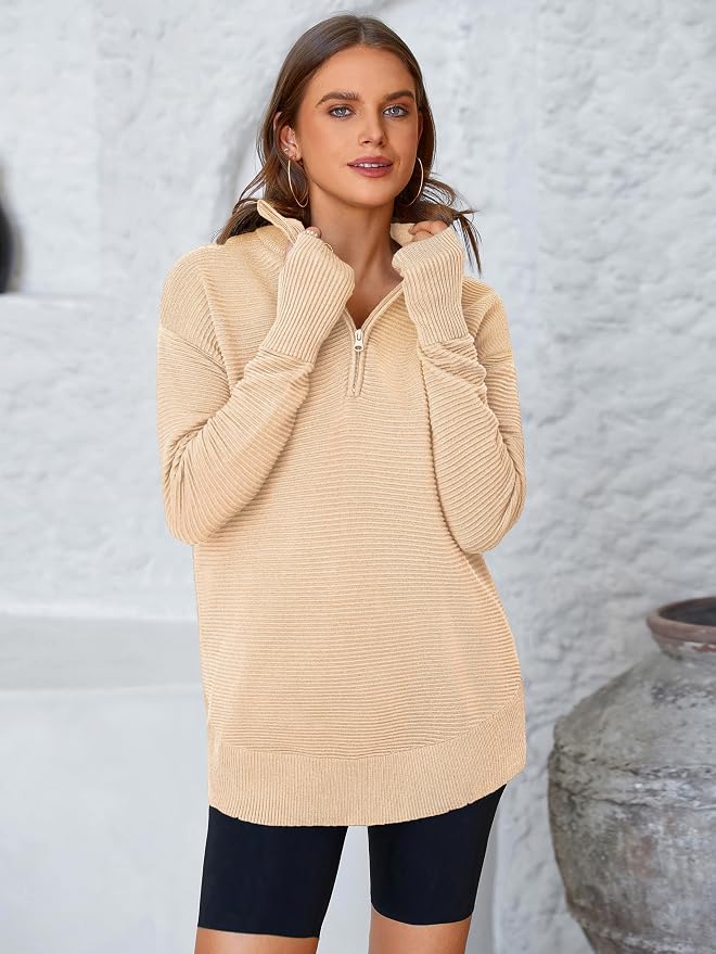 PRETTYGARDEN Womens Long Sleeve Quarter Zip Pullover Sweater Casual Loose V Neck Collared Ribbed Knit Jumper Tops Thumb Hole