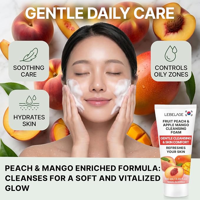 LEBELAGE Korean Peach&Apple&Mango Facial Cleanser 3.38 oz | Cleansing Foam Face Wash | Low pH Gentle Hydrating Daily Facial Cleanser Sensitive Skin | Deep Cleansing Foaming Cleanser, Pore Care