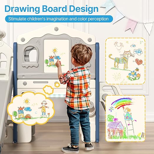 BIERUM 9 in 1 Toddler Slide Set - Baby Slide for Toddlers 1-3 with Colorful Lights, Drawing Board and Building Blocks Board, Indoor Outdoor Toddler Playset Playground, Blue Gray