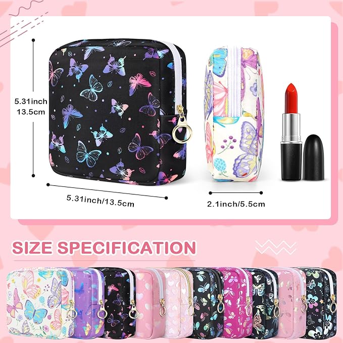 Likesing Period Bag Pouch, Canvas Sanitary Napkin Storage Bag for Girls Womens, Portable Sanitary Napkin Period Pad Pouch Bag for Purse, Small Make Up Bags(White Butterfly)