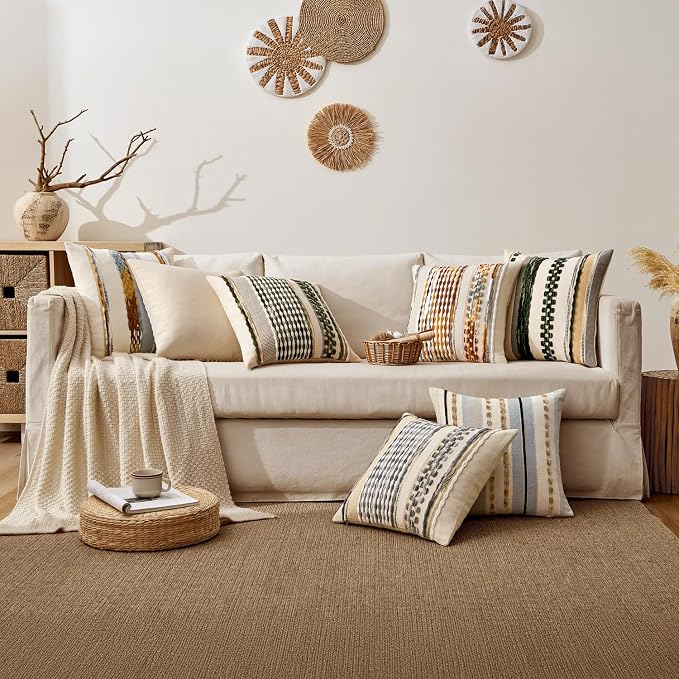 ANRODUO Boho Decorative Pillow Covers 18x18 Blue-Earth Tones Pack of 1 | Throw Pillow Covers, Farmhouse Cushion Case, Chenille Pillow Cases, Pillow Covers, Neutral Pillowcase for Sofa Couch Bed