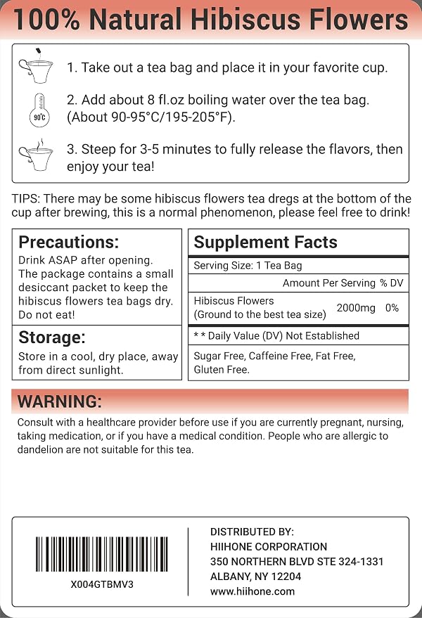 Hibiscus Tea Bags, Hibiscus Flower Herbal Tea - Caffeine & Sugar Free, 50 Teabags