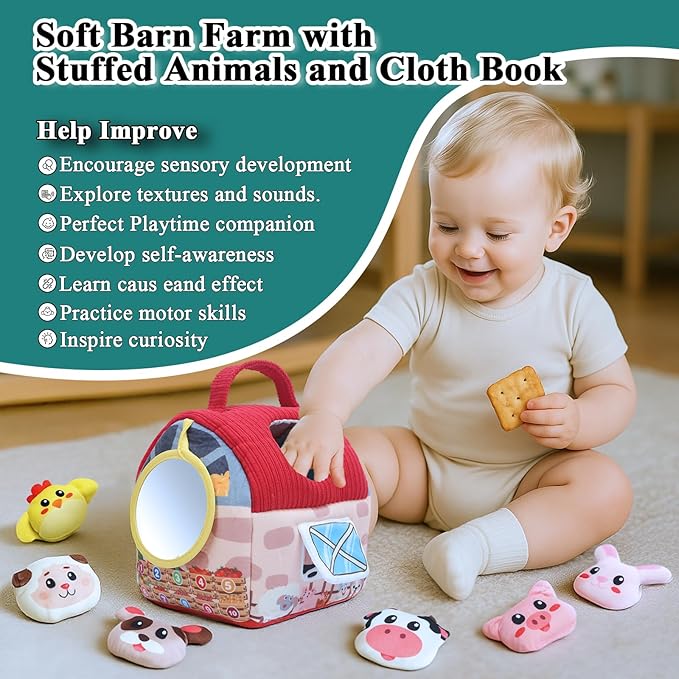 Baby Toys 6-12 Months, Surprise Barn Stuffed Farm Animals with Cloth Books, Rattle, Crinkle, Montessori Sensory Toys for 1-3 Old Infants, Plush Gifts for Boys Girls Valentines Day Birthday Easter