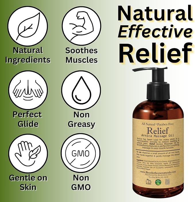 Relief Arnica Massage Oil & Magnesium Cream Set by Brookethorne Naturals – Deep Relief for Sore Muscles, Joints & Massage Therapy – Topical Magnesium Lotion + Arnica Body Oil – 2 Pack