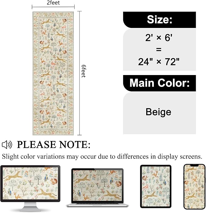 DUKINO 2x6 Runner Rug, Washable Animal Kitchen Rugs Non Slip, Beige | Soft, Low Pile, Stain Resistant Indoor Carpet for Hallway, Entryway, Bedroom, Bathroom, Laundry,Pet Friendly, Lightweight