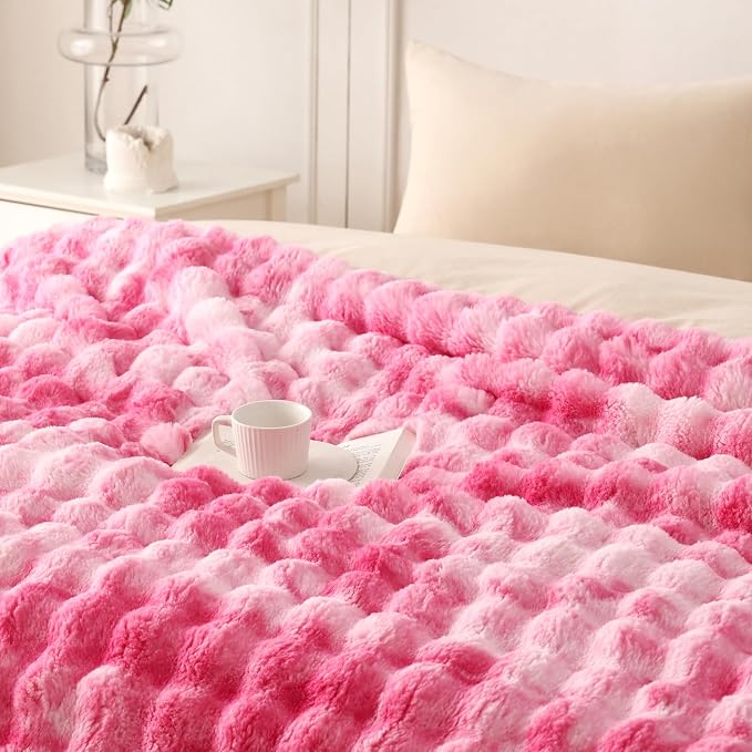 COOVA Faux Fur Throw Blanket for Couch, Cozy Soft and Fuzzy Plush Rabbit Fur Bubble Blanket for Sofa Bedroom Living Room, 50x60 Inches Tie Dye Pink