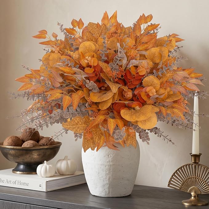 130 Pcs Fall Mixed Greenery Artificial Eucalyptus Stems Bulk, 6 Kinds of Fake Eucalyptus Leaves, Autumn Faux Floral Arrangement for Wedding Bouquet, Farmhouse Home Thanksgiving Decor (130, Orange)