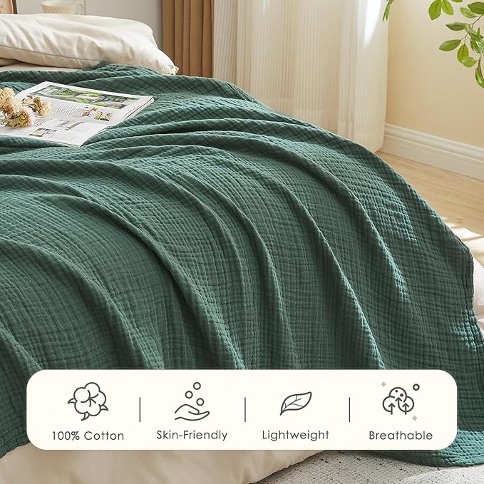 EMME Muslin Blankets for Adults Throw Blanket for Couch Breathable Gauze Soft Lightweight Airy Forest Green Twin XL 66" x 90"