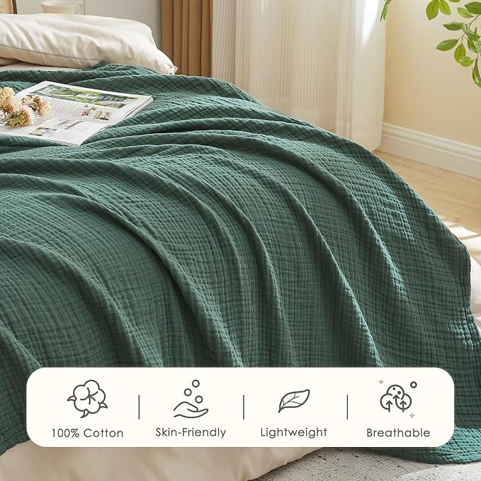 EMME Muslin Blankets for Adults Throw Blanket for Couch Breathable Gauze Soft Lightweight Airy Forest Green Throw XL 50" x 71"