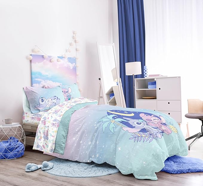 Jay Franco Disney Lilo and Stitch Twin Size Comforter Set - 5 Piece Floral Bedding Includes Sheet Set & Pillow Covers Features Angel - Super Soft Purple & Teal Stars Kids Bedding