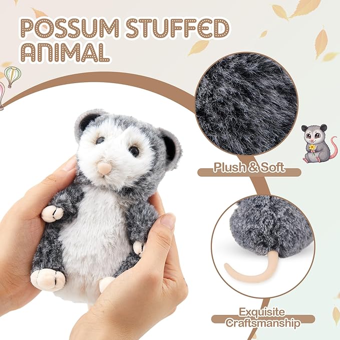 Shappy Possum Stuffed Animal Opossum Plush Cuddle Realistic Possum Plushies Cute Soft Toy Birthday Gifts for Kids Women Men Funny Operation Christmas Items Adorable Gag Gift, 5.5 Inches