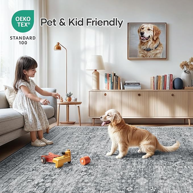 9x12 Area Rug for Living Room, Non-Slip Washable Grey Large Carpet | Soft Neutral Rugs for Bedroom, Dining Room, Home Office Indoor Nursery, Stain Resistant, Low Pile, Vintage Distressed Rug