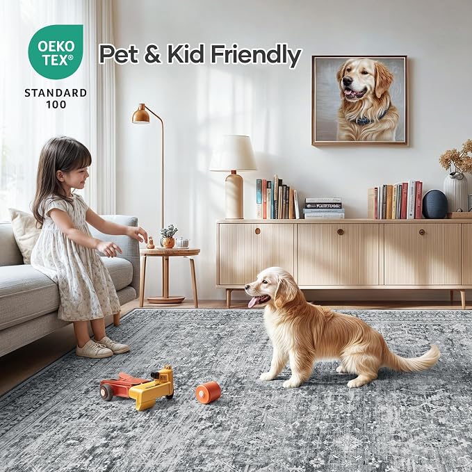 10x14 Area Rugs for Living Room, Washable Non-Slip Grey Large Carpet | Soft Neutral Rugs for Dining Room Home Office Indoor Nursery, Stain Resistant, Low Pile, Foldable, Vintage Distressed Rug