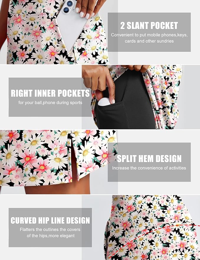 PINSPARK 20" Skorts for Woman Knee Length UPF 50+ Golf Skirts | 4 Pockets, Built-in Shorts, High Waisted, Split Hem, Silky-smooth, Moisture-wicking, for Golf Athletic Tennis Workout Casual