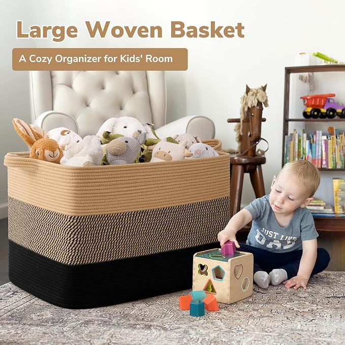 Goodpick 105L Extra Large Woven Rope Blanket Basket, Rectangle, Black Jute | 25'' x 16'' x 16'' Storage Basket for Blankets, Pillows & Toys, Living Room & Bedroom Organization, Reinforced Handles