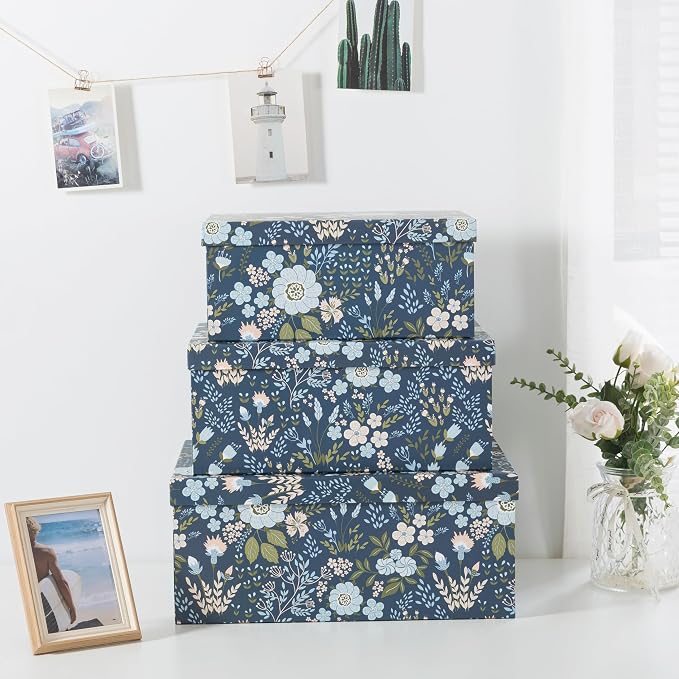 Soul & Lane - Nightfall Bloom Decorative Storage Boxes with Lids, Set of 3 | Large Nesting Cardboard Keepsake Boxes for Photos and Memories, Floral Photo Storage Containers for Home Decor