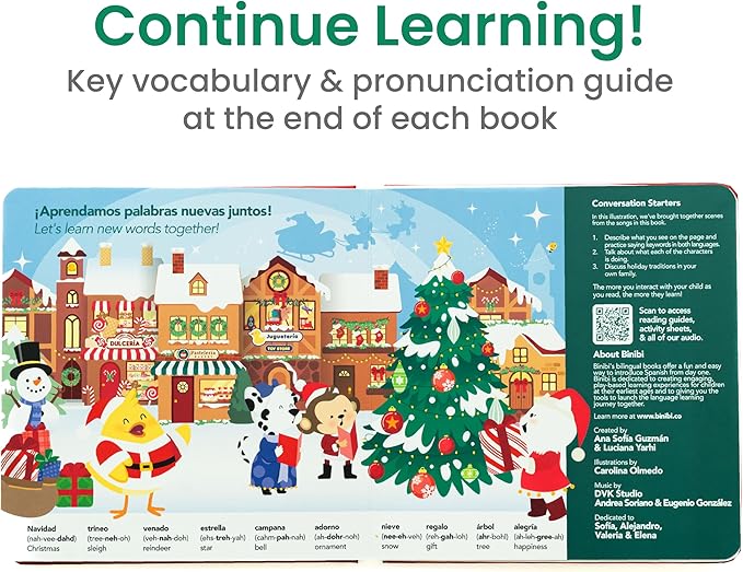Binibi Spanish Musical Book Christmas Songs in Spanish | Bilingual Children’s Book for Babies & Toddlers 1-3 | Libro en español para Bebes