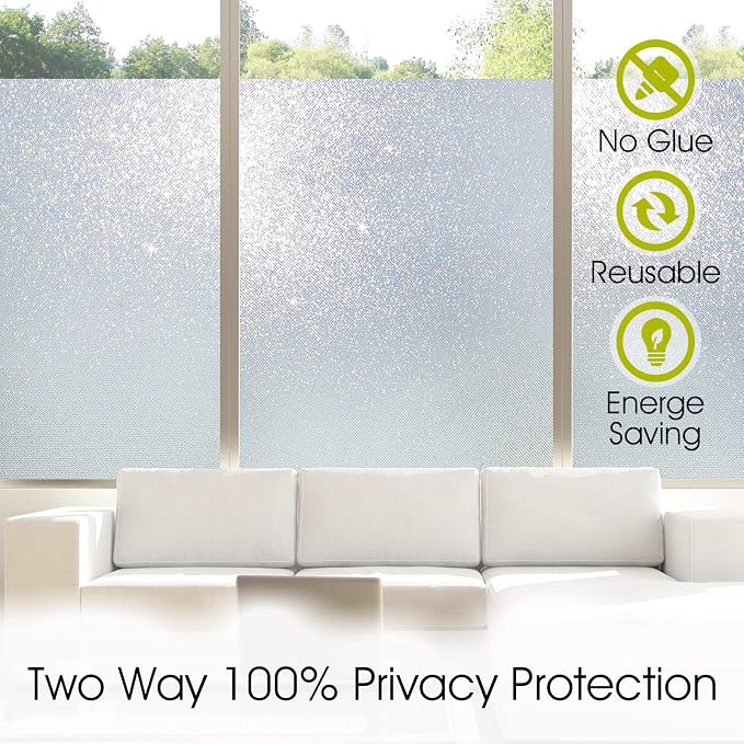 KESPEN Frosted Window Privacy Film Heat Control UV Sun Blocking Glass Stickers Static Cling Non Adhesive Door Coverings Decals for Bathroom Home Office, Sparkling, 35.4 Inch X 6.5 Feet