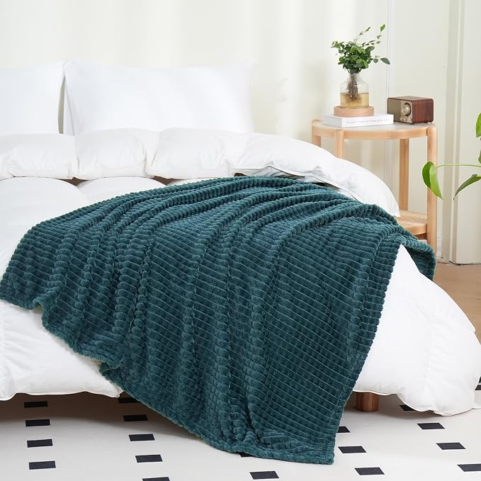Puncuntex Fleece Throw Blanket Dusty Blue 50"×60" with Square Grid Design | Super Soft Plush Cozy Flannel Throw Blanket Luxury for Couch Sofa Chair