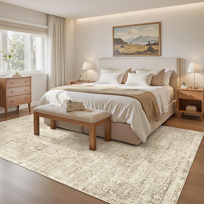 Soalmost 5x7 Area Rugs Light Brown Washable Trendy Faded Style Floral Rugs | Vintage Non-Slip Indoor Accent for Bedroom Dining, Foldable Stain Resistant Floor Carpet Mat Under Table Home Office Decor